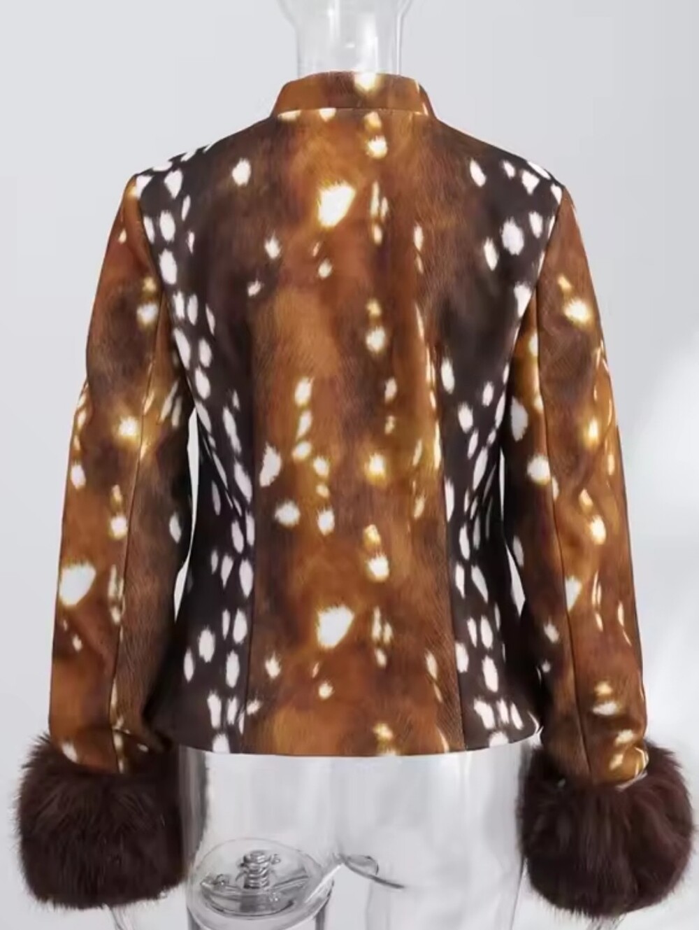 Vintage Women's Spotted Printed Jacket Stand Collar Full Sleeve Faux Fur Cuff - Picture 5 of 9
